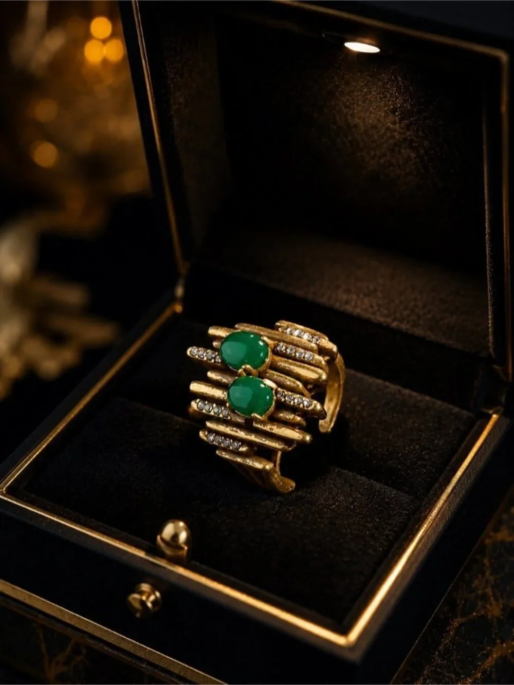 Vintage Gold-Tone Green Stone Statement Ring by